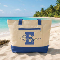 Personalized Name Tote Bag with Zipper, Custom Initial Canvas Tote Bag, Beach Travel Tote, Family Travel Canvas Bag, Vacation Gift
