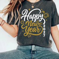 Happy New Year 2027 Sweatshirt, Gold Script Calligraphy New Years Eve Matching Tee, NYE Party Shirt, Holiday Crew Top, Women Gift Hoodie