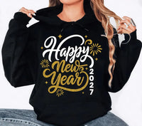 Happy New Year 2027 Sweatshirt, Gold Script Calligraphy New Years Eve Matching Tee, NYE Party Shirt, Holiday Crew Top, Women Gift Hoodie