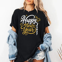 Happy New Year 2027 Sweatshirt, Gold Script Calligraphy New Years Eve Matching Tee, NYE Party Shirt, Holiday Crew Top, Women Gift Hoodie