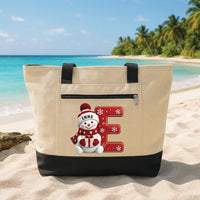 Personalized Snowman Tote Bag with Zipper, Custom Initial Name Canvas Tote, Winter Letter Design, Christmas Day Bag, Holiday Gift for Kids