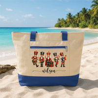 Personalized Nutcracker Christmas Tote Bag with Zipper, Custom Name Script Canvas Tote, Christmas Day Bag, Holiday Party Gift for Her
