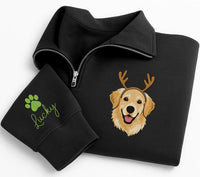 Personalized Pet Portrait Embroidered Quarter Zip Sweatshirt, Custom Pet Name Pullover, Christmas Day Sweater, Christmas Gift for Her