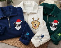 Personalized Pet Portrait Embroidered Quarter Zip Sweatshirt, Custom Pet Name Pullover, Christmas Day Sweater, Christmas Gift for Her