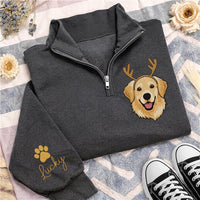 Personalized Pet Portrait Embroidered Quarter Zip Sweatshirt, Custom Pet Name Pullover, Christmas Day Sweater, Christmas Gift for Her