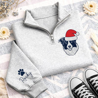 Personalized Pet Portrait Embroidered Quarter Zip Sweatshirt, Custom Pet Name Pullover, Christmas Day Sweater, Christmas Gift for Her