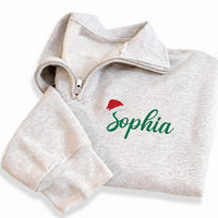 Personalized Name Embroidered Quarter Zip Sweatshirt, Custom Santa Hat Script Top, Festive Holiday Top, Family Winter Outfit, Gift for Her