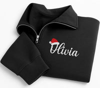 Personalized Name Embroidered Quarter Zip Sweatshirt, Custom Santa Hat Script Top, Festive Holiday Top, Family Winter Outfit, Gift for Her