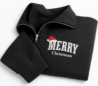 Merry Christmas Embroidered Quarter Zip Sweatshirt, Festive Santa Hat Holiday Pullover, Christmas Morning Family Outfit, Holiday Gift