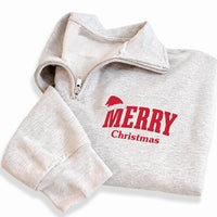 Merry Christmas Embroidered Quarter Zip Sweatshirt, Festive Santa Hat Holiday Pullover, Christmas Morning Family Outfit, Holiday Gift