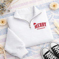 Merry Christmas Embroidered Quarter Zip Sweatshirt, Festive Santa Hat Holiday Pullover, Christmas Morning Family Outfit, Holiday Gift