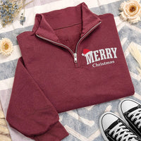 Merry Christmas Embroidered Quarter Zip Sweatshirt, Festive Santa Hat Holiday Pullover, Christmas Morning Family Outfit, Holiday Gift