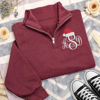 Personalized Monogram Embroidered Quarter Zip Sweatshirt, Custom Santa Hat Top, Classic Initials Top, Festive Winter Wear, Gift for Her