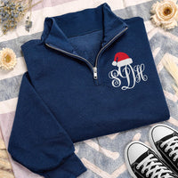Personalized Monogram Embroidered Quarter Zip Sweatshirt, Custom Santa Hat Top, Classic Initials Top, Festive Winter Wear, Gift for Her