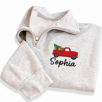 Personalized Vintage Truck Embroidered Quarter Zip Sweatshirt, Custom Name Pullover, Festive Holiday Top, Family Winter Wear, Holiday Gift