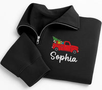 Personalized Vintage Truck Embroidered Quarter Zip Sweatshirt, Custom Name Pullover, Festive Holiday Top, Family Winter Wear, Holiday Gift