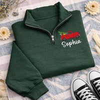 Personalized Vintage Truck Embroidered Quarter Zip Sweatshirt, Custom Name Pullover, Festive Holiday Top, Family Winter Wear, Holiday Gift