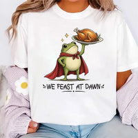 Custom Funny Frog Thanksgiving Shirt, We Feast At Dawn Food Group Party Tee, Matching Family Dinner Top, Cute Frog Waiter Holiday Gift Shirt