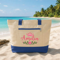 Personalized Flower Girl Tote Bag with Zipper, Custom Name Canvas Tote, Pink Crown Bridal Party Bag, Proposal Gift, Bride Tribe Gift