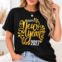Happy New Year 2027 Shirt, Gold Script Holiday Tee with Flourish, Festive New Years Eve Top, Party Outfit Gift, Cheers to 2027 Gift