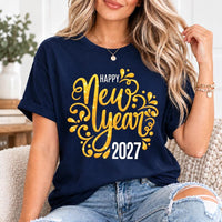 Happy New Year 2027 Shirt, Gold Script Holiday Tee with Flourish, Festive New Years Eve Top, Party Outfit Gift, Cheers to 2027 Gift