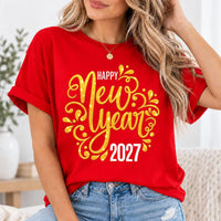 Happy New Year 2027 Shirt, Gold Script Holiday Tee with Flourish, Festive New Years Eve Top, Party Outfit Gift, Cheers to 2027 Gift