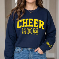 Personalized Puff Print Cheer Mom Sweatshirt, Custom 3D Puff Shirt with Sleeve Name, Squad Spirit Wear Hoodie Top, Sideline Cheer Mom Gift