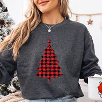 Buffalo Plaid Christmas Tree Sweatshirt, Red Plaid Xmas Holiday Top, Festive Holiday Tree Print, Christmas Party Pajama Tee, Gift for Her