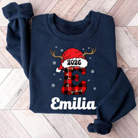 Personalized Family Christmas Name Sweatshirt, Custom Plaid Letter Tee, Santa Hat Reindeer Family, Matching Holiday Outfit, Christmas Gift