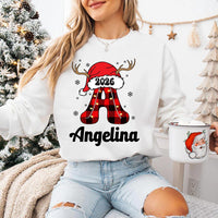 Personalized Family Christmas Name Sweatshirt, Custom Plaid Letter Tee, Santa Hat Reindeer Family, Matching Holiday Outfit, Christmas Gift