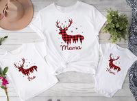 Personalized Reindeer Family Christmas Shirt, Custom Buffalo Plaid Deer Tee, Matching Family Name Outfit, Christmas Gift for Loved Ones