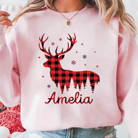 Personalized Reindeer Family Christmas Shirt, Custom Buffalo Plaid Deer Tee, Matching Family Name Outfit, Christmas Gift for Loved Ones
