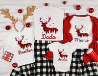 Personalized Reindeer Family Christmas Shirt, Custom Buffalo Plaid Deer Tee, Matching Family Name Outfit, Christmas Gift for Loved Ones