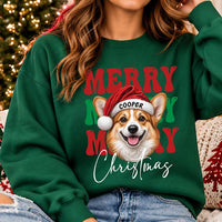 Personalized Merry Christmas Pet Sweatshirt, Custom Santa Hat Dog Cat Crewneck, Retro Bubble Letter Shirt, Pet Photo Gift, Dog Mom Gift
