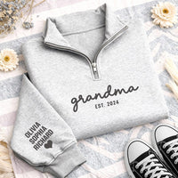 Personalized Grandma Embroidered Quarter Zip Sweatshirt, Custom Grandkids Sleeve Pullover, Family Sweater, Mother's Day Gift, Gift for Her