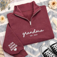 Personalized Grandma Embroidered Quarter Zip Sweatshirt, Custom Grandkids Sleeve Pullover, Family Sweater, Mother's Day Gift, Gift for Her