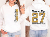 Personalized Happy New Year 2027 Tee, Gold Twenty 27 Celebration Crewneck, New Years Eve Outfit, Party Gift, Front Back