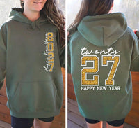 Personalized Happy New Year 2027 Tee, Gold Twenty 27 Celebration Crewneck, New Years Eve Outfit, Party Gift, Front Back