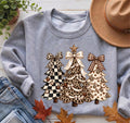 Coquette Christmas Tree Sweatshirt, Leopard Checkered Polka Dot Holiday Tee, Patterned Trees Festive Holiday Shirt, Christmas Gift for Her