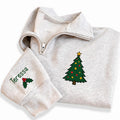 Christmas Tree Embroidered Quarter Zip Sweatshirt, Personalized Sleeve Name, Family Holiday Outfit, Christmas Day Sweater, Holiday Gift