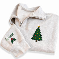 Christmas Tree Embroidered Quarter Zip Sweatshirt, Personalized Sleeve Name, Family Holiday Outfit, Christmas Day Sweater, Holiday Gift