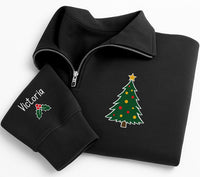 Christmas Tree Embroidered Quarter Zip Sweatshirt, Personalized Sleeve Name, Family Holiday Outfit, Christmas Day Sweater, Holiday Gift