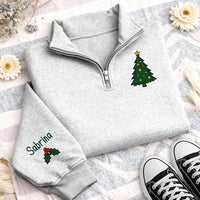 Christmas Tree Embroidered Quarter Zip Sweatshirt, Personalized Sleeve Name, Family Holiday Outfit, Christmas Day Sweater, Holiday Gift