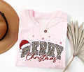 Merry Christmas Leopard Shirt, Santa Hat Merry Letter Print Sweatshirt, Festive Holiday Winter Crewneck, Christmas Gift for Her