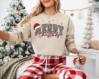 Merry Christmas Leopard Sweatshirt, Santa Hat Merry Letter Print Sweatshirt, Festive Holiday Winter Crewneck, Christmas Gift for Her