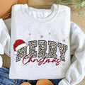 Merry Christmas Leopard Sweatshirt, Santa Hat Merry Letter Print Sweatshirt, Festive Holiday Winter Crewneck, Christmas Gift for Her