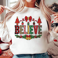 Believe Christmas Pattern Sweatshirt, Plaid Leopard Candy Cane Tee, Tree Bells Holiday Shirt, Xmas Pajama Top, Christmas Gift for Her