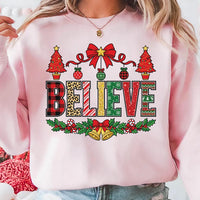 Believe Christmas Pattern Sweatshirt, Plaid Leopard Candy Cane Tee, Tree Bells Holiday Shirt, Xmas Pajama Top, Christmas Gift for Her