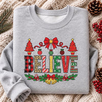 Believe Christmas Pattern Sweatshirt, Plaid Leopard Candy Cane Tee, Tree Bells Holiday Shirt, Xmas Pajama Top, Christmas Gift for Her