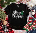 Merry Christmas Script Tree Sweatshirt, Green Tree Gold Star Holiday Tee, Christmas Family Matching Shirt, Xmas Pajama Top, Gift for Mom